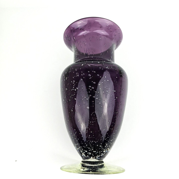 Hand Blown Amethyst Purple Vase Controlled Bubbles Clear Footed Base 8 in Tall - Picture 2 of 10